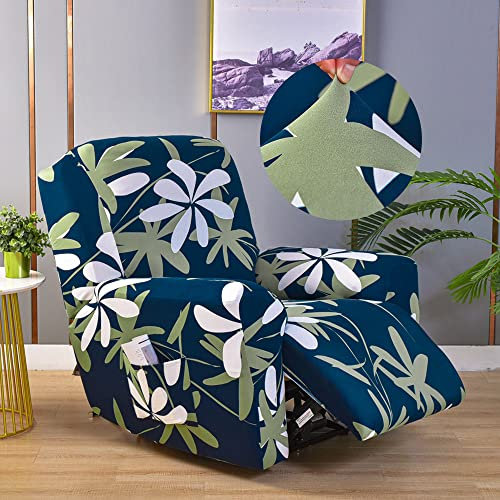 Highdi Stretchhusse für Relaxsessel Komplett Sesselschoner Blumen Bedruckter Sesselbezug 4-teilige Stretch Relaxsessel Bezüge für Fernsehsessel, Recliner Sesse, Schaukelstuhl (Grün Weiß)