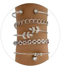 Bufenia Boho Armreif Armband Set Blatt Strass Offener Armreif Punk Link Armbänder für Frauen und Mädchen (Silber)