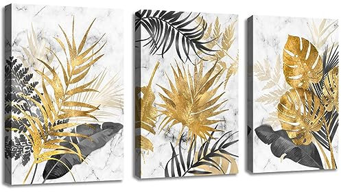 3 Teilig Leinwandbilder Bilder mit Rahmen Abstrakt Grau Gold Blätter bild auf leinwand Wandkunst Modern Wandbilder Kunstdruck Deko für Wohnzimmer Schlafzimmer fertig zum Aufhängen 90x40cm(30x40x3)