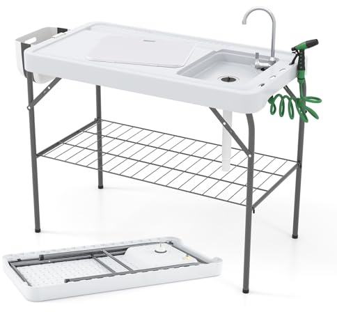 COSTWAY Mesa Plegbale Camping, Mesa Plegable 2 in 1 Multifuncional con Fregadero, Grifo Giratorio 360°,Tubo de Drenaje, Fregadero Camping para Jardín, Picnic 107,5 x 57,5 x 86,5 cm, 150 kg (Estilo 1)