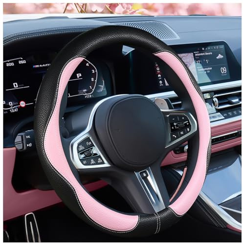 SuperKaKa Car Steering Wheel Cover 2025, Universal Auto PU Cute Breathable Slip-Proof Comfort Imitation Leather Protector Cars Interior Accessories for Women Men Fit Most Vehicle (Pink)