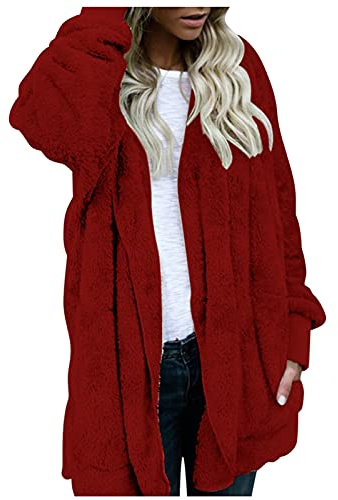 MJGkhiy Chaqueta de invierno para mujer, de peluche, tallas grandes, jerséis de sherpa, bata cárdigan con bolsillos Teddy, abrigo suave con capucha, elegante, sudadera con manta, kimono polar, con