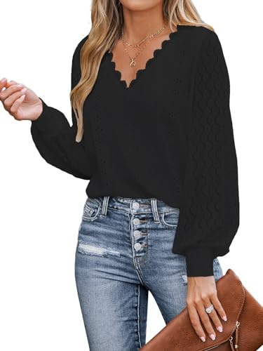 CUPSHE Camicetta da Donna con Pizzo Intagliato e Orlo Smerlato, Maniche Lunghe in Pizzo, Scollo a V, Polsini a Fascia, Elegante e Chic, Nero, XL