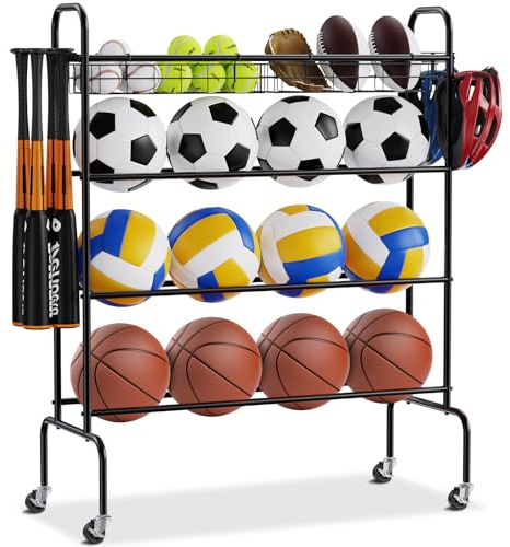 VEVOR Basketball Rack, 4-Layers Rolling Basketball Shooting Training Stand, Sports Equipment Storage Organizer with Wheels, Hooks and Baskets, Garage Ball Storage Holder for Football Soccer Volleyball