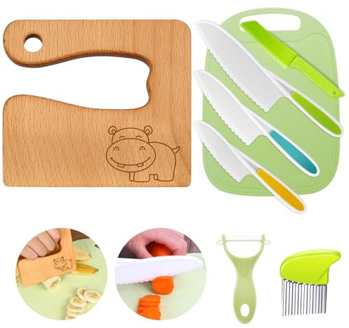 Kindermesser 8-teiliges Kinder-Küchenmesser-Set zum Schneiden und Kochen von Obst oder Gemüse für Kleinkinder, inklusive Holzmesser Schneidebrett Schäler(Nilpferd)