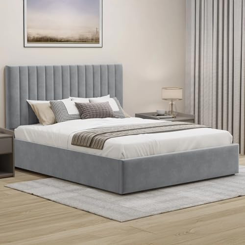 Ottoman Storage Bed, Velvet Double Bed Frame, Upholstered Gas Lift Up Bed Frame with Storage, Ottoman Bed with Wooden Slats, (4ft6 Grey Double 135 x 190, No Mattress)