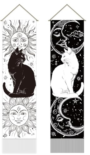 AHANDMAKER 2 Stück Schwarz Weiß Wandteppich Katze Sonne Mond Motiv | Vintage Wandbehang mit Quasten Maße 33x130cm Ideal zur Dekoration von Wohnzimmer Schlafzimmer und Gesamten Wohnbereich