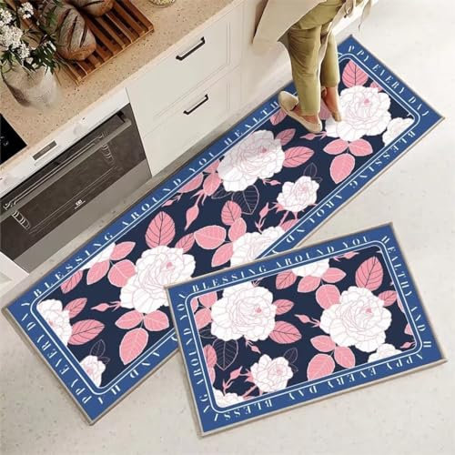 RUGMRZ Teppich Amazon 60x110CM Teppich waschbar rutschfest Teppich Nach Mass Rosa Waschbarer Küchenteppich mit pastoralem Blumenmuster kinderzimmer Teppich