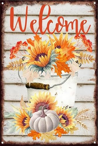 Cartello da giardino con zucche e girasoli divertente cartello di benvenuto in metallo latta cartello vintage retrò poster cartello di benvenuto per porta di benvenuto per bar bar casa decorazione da
