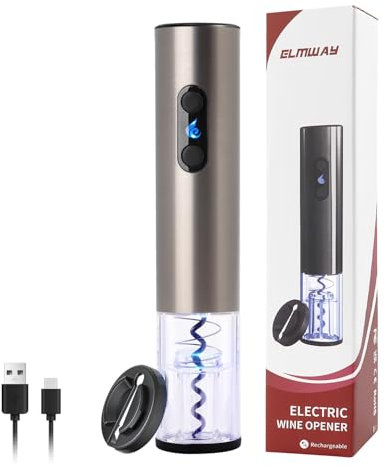 ELMWAY VinoLux Series Rechargeable Electric Wine Opener by ELMWAY – Electric Corkscrew with Dual LED Lights, Brushed Stainless Steel Body & Foil Cutter – Black