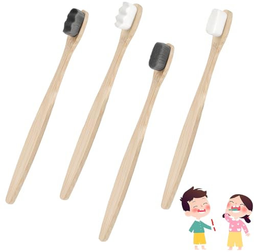 4Pcs Bamboo Toothbrushes, Natural Extra Soft Bristles, Wooden Toothbrush Premium Micro-Nano Toothbrushes, Vegan Family Set Better Brush Toothbrush for Kids Adults