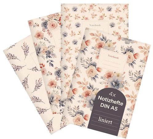 etmamu 1069 4er-Set Notizheft A5 | Blumen Muster Aquarell Rosen Zweige | für Notizen, Skizzen, Bullet Journal & Planungen | Liniert