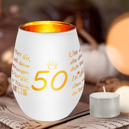 Seutgjie 50. Geburtstagsgeschenk für Frauen Freundin Schwester Kollegen Mama Windlicht aus Glas mit Gravur Teelichthalter mit Kerze Personalisierte Geschenke für Geburtstag Jahrestag