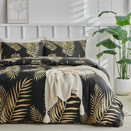 Tokokimo Black King Size Duvet Cover Sets Tropical Leaves Pattern Microfiber King Size Bedding Sets (1x Duvet Cover, 2x Pillowcases) Black Bedding 230x220 cm, Tropical Leaf