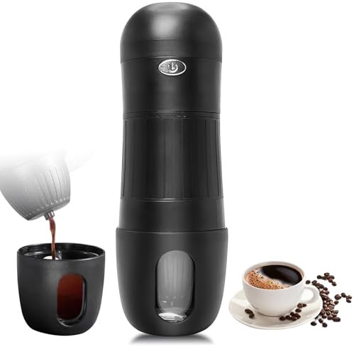 JOPWUE Cafetera espresso eléctrica portátil, cafetera de viaje para camping, gran capacidad de 180 ml, mini cafetera de mano, con café molido y cápsula NS para RV, senderismo, oficina (negro)