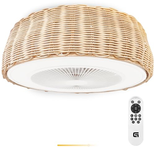 Grunkel Ventilador de Techo SKYWIND-20M con Luz LED, 50 cm, 6 Velocidades, Mando a Distancia, Diseño Ratán, Blanco