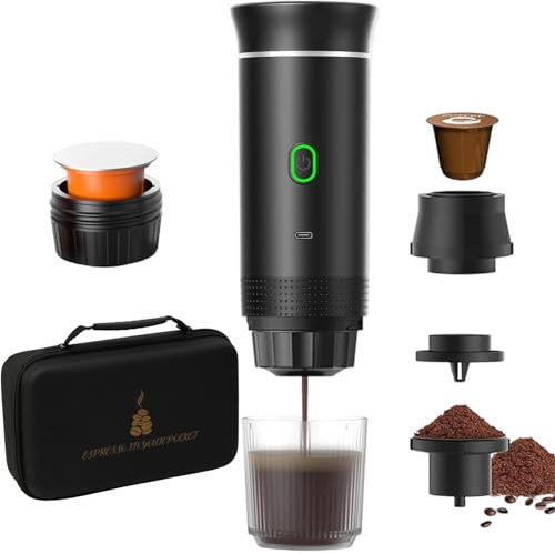 Máquina de café expreso portátil,Cafetera Portátil Cápsula de Espresso 3 en 1,15 bar,7500mAh,Autocalentamiento,compatible con cápsulas Nes y DG y café molido,para Oficina Viaje Camping(con bolsa)