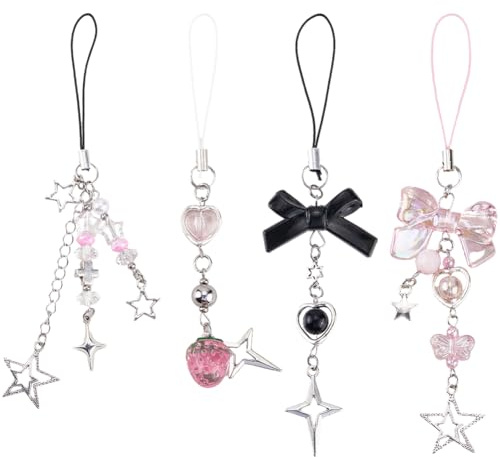 SUNNYCLUE 1 Box 4 Stück Handyanhänger Mit Schleife Stern Handygurt Anhänger Acryl Handygurte Kawaii Süßer Ästhetischer Handyanhänger Mit Schleife Und Schmetterling Für Frauen Und Erwachsene DIY Schlüs