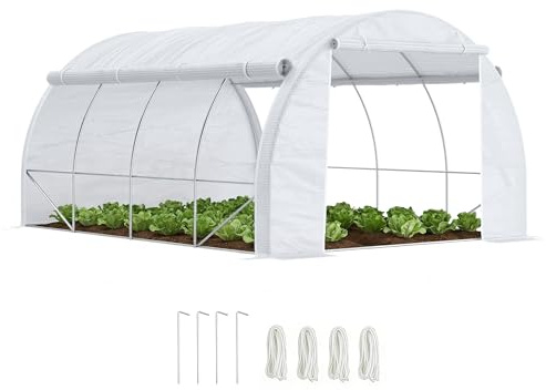 Outsunny Serre de Jardin 12 m² avec Porte 8 Fenêtres 4L x 3l x 2H m Blanc | Parois Latérales Zippées Enroulables, Acier, PE Haute Densité 140 g/m² Anti-UV