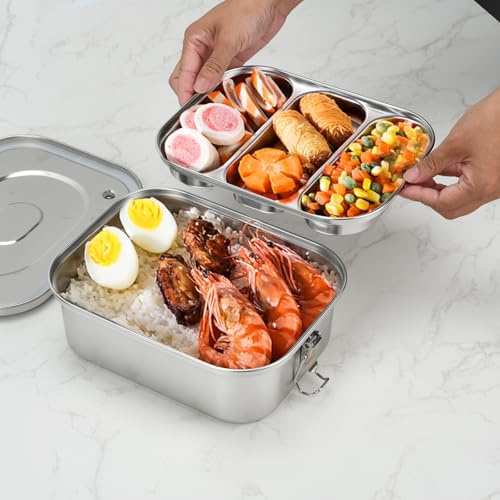 LYHLYA Caja Bento de acero inoxidable, 1800 ml, 3 compartimentos, contenedor de almuerzo aislado de doble capa con mango de válvula hermético