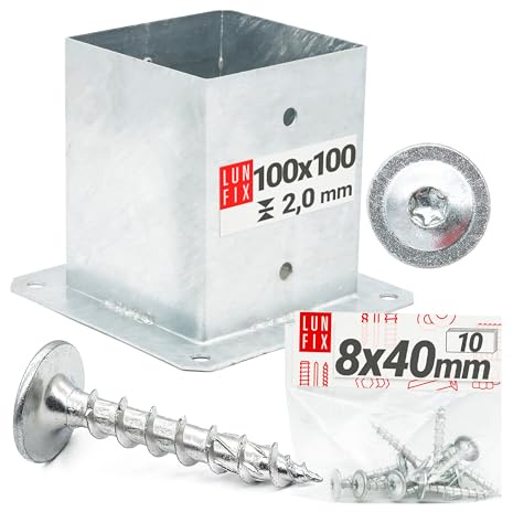 Pfostenträger 100x100 mm mit Schrauben (10 Stk.) 8x40 mm – Aufschraubhülse für Holzpfosten, Bodenhülse, Pfostenschuh, Balkenschuhe, silberfarben, feuerverzinkt, Lun Fix