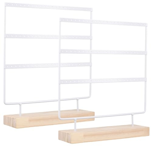 SYUTBOU 2 Stück Eisen Ohrring Ständer, 3 Ebenen 66 Löcher Holzsockel Schmuckständer, 27 x 7 x 29cm Weiß Ohrring Halterung für Ohrringe