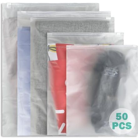 Kievano Sac Zipper Voyage – 50 Pochettes Rangement avec Fermeture Zip, 5 Tailles Étanches & Réutilisables, Sacs Plastique Givrés pour Vêtements, Chaussures, Sous-Vêtements et Cosmétiques