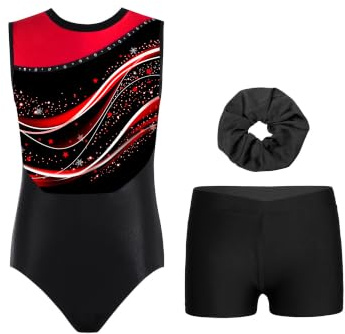 Yruioon Mädchen Turnanzug Glitzer Gymnastikanzug Ärmellos Gymnastik Leotard mit kurze Hose Haarband Turntrikot Wettbewerb Tanzkostüm
