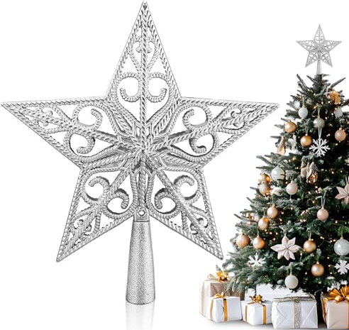 Coco Berming Estrella de Navidad, Punta para Árbol de Navidad en Forma de Estrella Dorada, Topper Decorativo para Árbol, Adornos para Fiestas (Plateado)