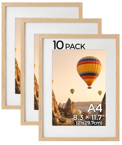 HOUSE DAY Bilderrahmen A4, MDF Holz Bilderrahmen 21x29.7cm Holzrahmen Natur | 10er Set MDF Fotorahmen Bilderrahmen Din A4 Plexiglas Posterrahmen, Collage Poster Rahmen, Moderner Poster Dokumentenrahmen