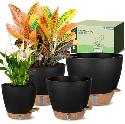Goproauto Self-Watering Pots for Indoor Plants 4 Pack, 6/8/10/12 Inch Outdoor Planters with Water Level Indicator & Deep Reservoir, Decorative Flower Pots for Home Decor (Black, 12+10+8+6 Inch)