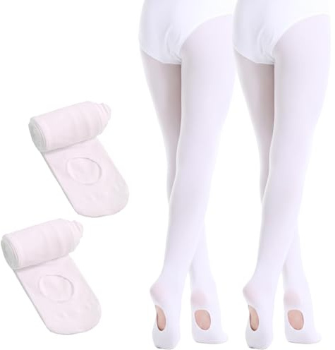 viiotu 2 Pairs 60D Girls Ballet Tights - Ultra Soft Convertible Dance Tights with Elastic Waist & Reinforced Crotch (UK, Age, 12 Years, 16 Years, Regular, White 2 Pairs)