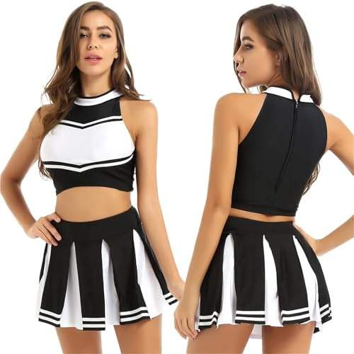 EURDFHY Cheerleader outfit Womens Shiny Rhinestone Cheerleader Costume Cheerleading Uniform Long Sleeve Hollow Out Crop Top And Skating Skirt Dance Outfits(Black C,L)