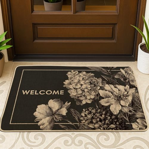 Zerbino di benvenuto, vintage, rustico, floreale, ortensia, nessuno nero, lavabile, a basso profilo, per casa, interni, esterni, ingresso, portico, decorazione, 73 x 43 cm