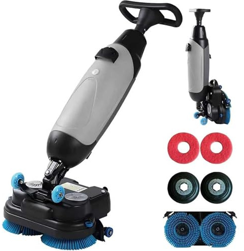 Pulitore Elettrico per Pavimenti con Testa Orientabile 360°, Lavapavimenti Commerciale da 43cm con Doppie Spazzole Rotanti, Leggero e Potente, per la Pulizia Efficiente di Magazzini, Negozi Gray