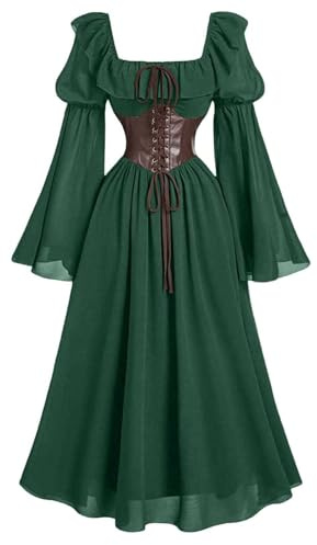 Robe de cour médiévale élégante avec manches évasées et encolure carrée pour Halloween, cosplay, banquet 2026, Vert, M