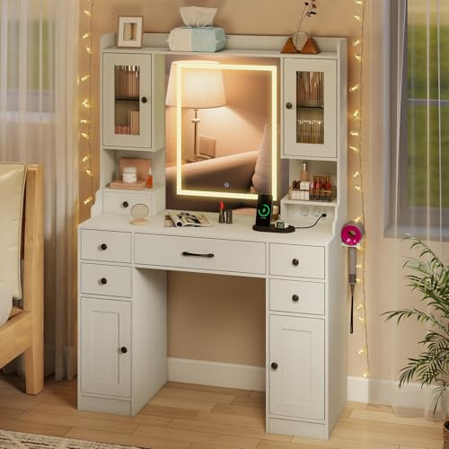 COSTWAY Coiffeuse avec Miroir, Lumières et Luminosité Réglable, Station de Charge, Bureau Coiffeuse, Support pour Sèche-Cheveux, 6 Tiroirs, 4 Armoires, Étagères, Table de Maquillage, 105 x 40 x 150 cm