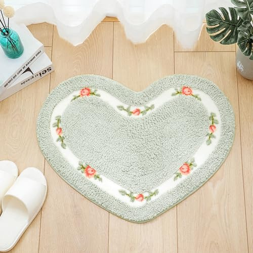 Dermalyx Tappeti Da Bagno Assorbenti Zerbino Porta Asciugatura Rapida, Tappeto Antiscivolo Pavimento A Forma Di Cuore Verde 45 X 50 Cm