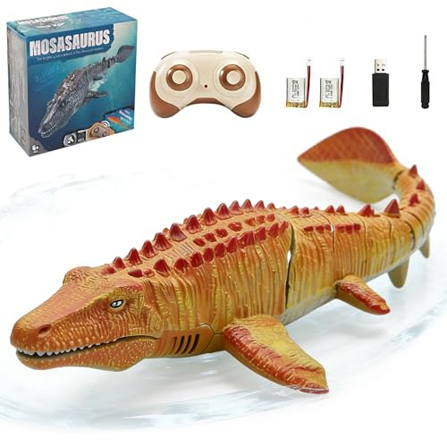 OBEST Ferngesteuertes Mosasaurus Boot, 2.4GHz RC Hai-Spielzeug, Shark Wasserspielzeug für 14+ Kinder Electric Dinosaurier-Boot, Simuliertes Mosasaurierschwimmen mit Wassersprühfunktion (2 Batterien)