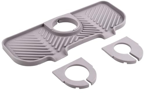 Silicone Kitchen Sink Splash Guard, 27×11cm Faucet Draining Mat, Sink Tap Protector Mat for Kitchen & Bathroom, Drip Catcher Tray, Drying Mat with Holder for Countertop Protection, Grey