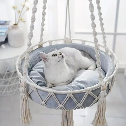 UzeEnde Macrame Cat Hammock – Boho Handwoven Cotton Rope Hanging Cats Bed Basket Swing Window Perch Aerial Kitten Nest for Sleeping Lounging Sunbathing (Cushion Not Included) (M (40cm))