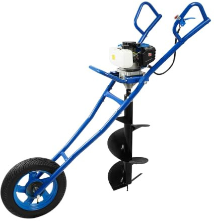 HUOMMGS 52 CC 1,46 KW jordborr bensin jordhålsborr med 300 mm spetsar, hjul 2-taktsmotor handglidning bensin stolplam professionell trädgårdsmordborr för träd växter (blå)