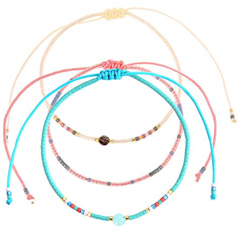 Made by Nami Perlen Fußkettchen 3er Set Damen & Mädchen - 3x Surfer Fußkette Boho Ethno Style - 100% Wasserfest & Verstellbar - Bunte Fussketten Fußband Festival Accessoires (Kugeln)