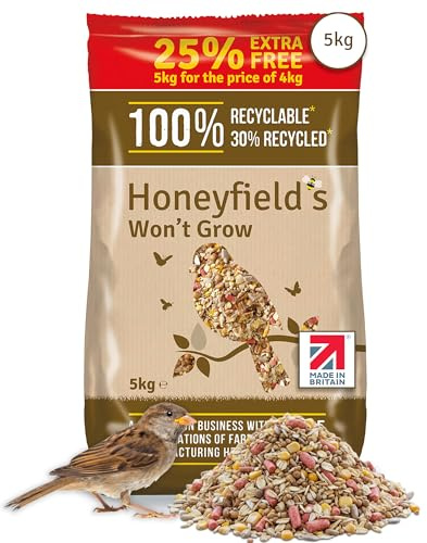 Honeyfield’s - No Grow Bird Food for Outside Birds, Wild Bird Food with Kibbled Sunflower Hearts and Kibbled Peanuts, Ideal for Ground Feeding and Tables (5kg)