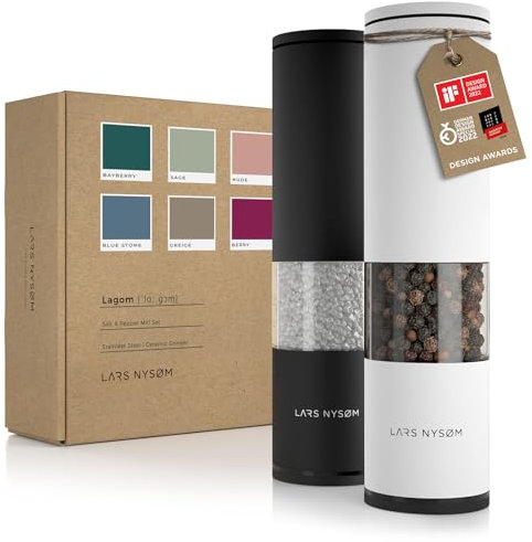 LARS NYSØM Juego de 2 molinillos de sal y pimienta manuales con molinillo de cerámica ajustable de grueso a fino I Juego de molinillos de especias de diseño (Black/White)