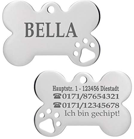 Ibera gifts - Personalisierte Anhänger für Mittelgroße bis Große Hunde und Katzen in Knochenform mit Pfote - Gravur Hundemarke Halsband Hundehalsband Name Personalisiert dog Adressanhänger