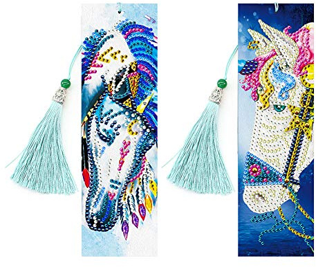 ARVALOLET 2pcs 5D DIY Diamond Painting Bookmarks Beautiful Leather Tassel Bookmark Leder Lesezeichen 5D DIY Diamant Malerei Buntes Pferd Kreuzstich DIY Flower Print Beads Bookmark Gift