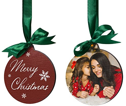 Personalisierte Weihnachtskugel Foto - Christbaumkugel Holzanhänger Weihnachten personalisiert - Christbaumschmuck Holz weiß rot - Baumschmuck Deko Weihnachten