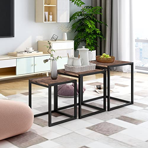 DUMEE Nesting Tables Set of 3 Wooden Coffee Table, Stacking Side End Tables Steel Metal Frame, for Living Room, Space Saving Black and Rustic Brown