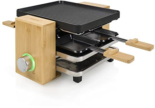 Princess Appareil à Raclette Pure 4, Pour 4 Personnes, Finition en Bambou Élégante, Plaque Réversible Grill et Teppanyaki, Thermostat Réglable, Facile à Nettoyer, 800 W, Noir, 01.162950.01.001